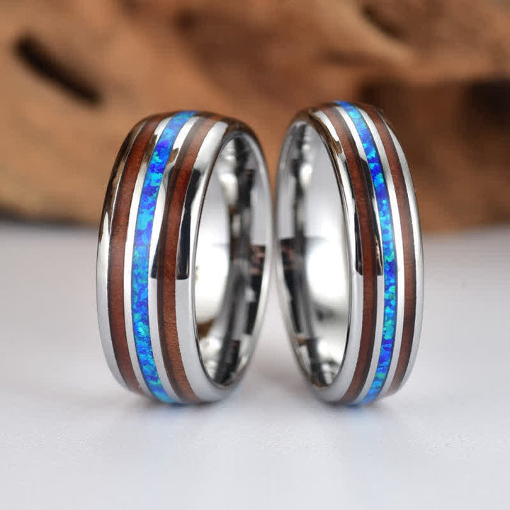 Anillo de carburo de tungsteno con concha de abulón y madera de koa de Olivenorma 