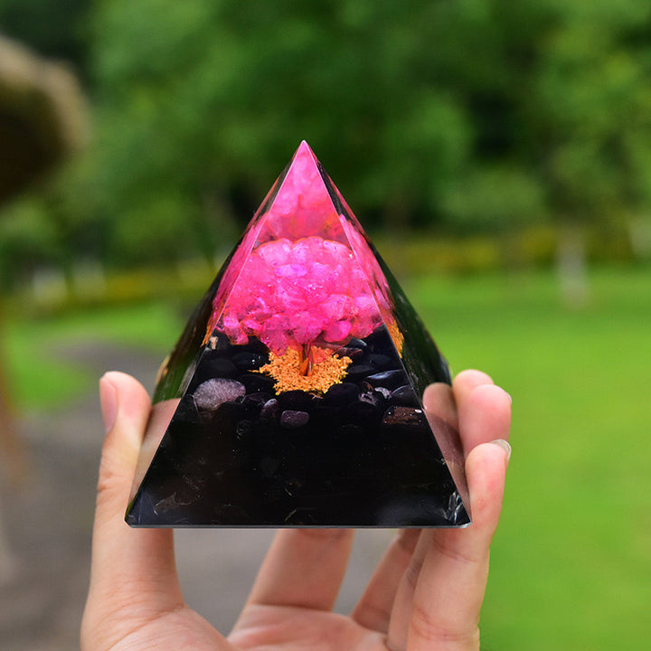 Pirámide de orgón curativo de obsidiana de Olivenorma con cristal rosa 