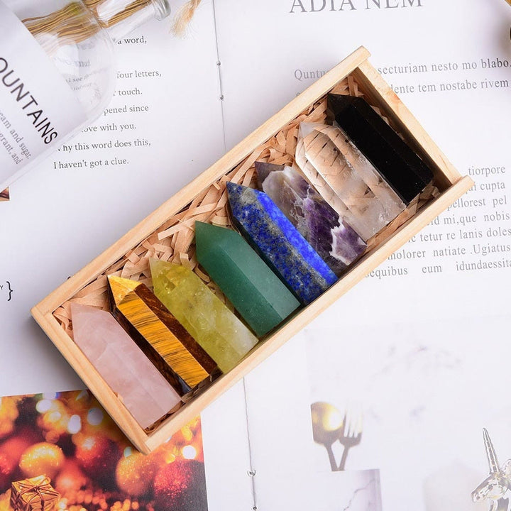 Juego de ocho varitas de cristal para chakras con forma de aguja natural de Olivenorma