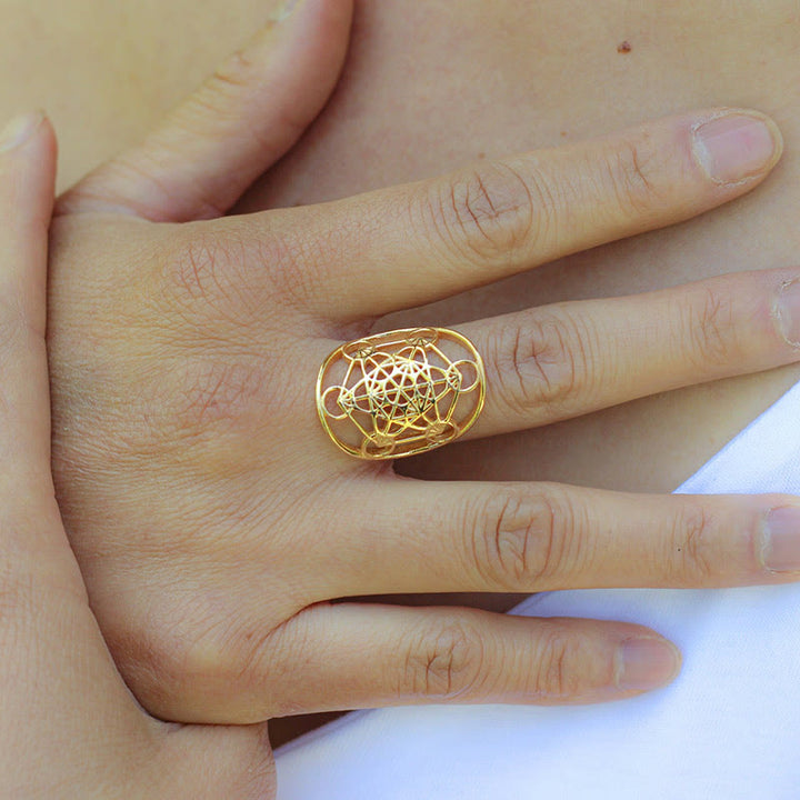 Anillo ajustable de acero inoxidable con símbolo del cubo de Metatrón de Olivenorma 