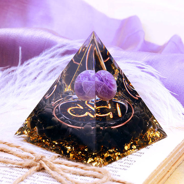 Pirámide de orgón del zodiaco Libra con esfera de amatista y obsidiana de Olivenorma 