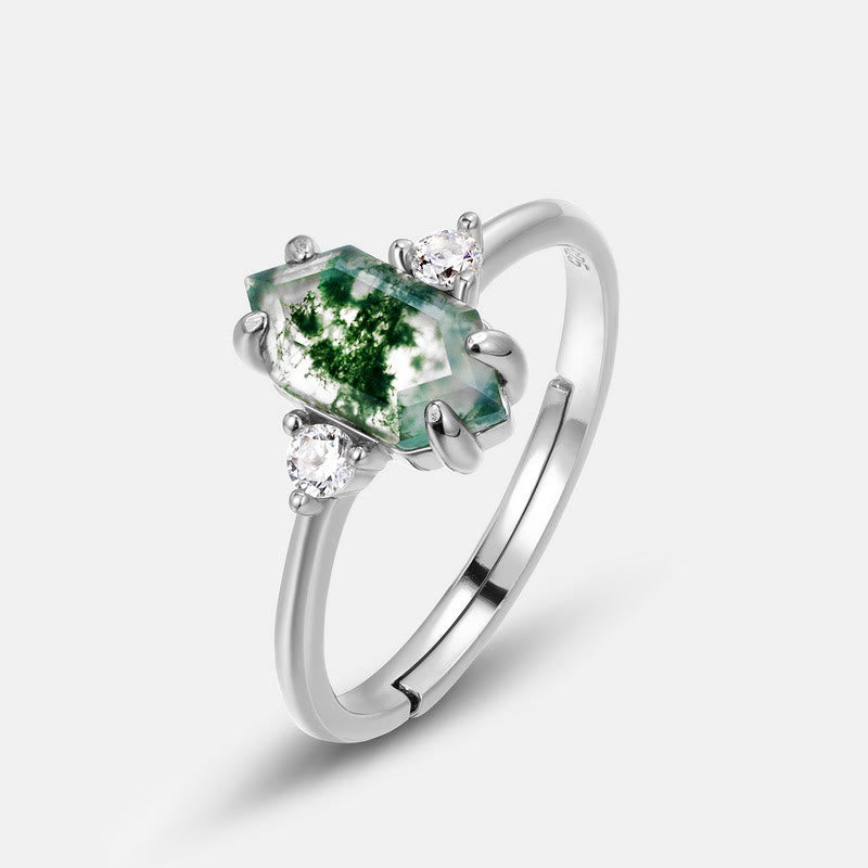 Anillo ajustable de ágata musgosa hexagonal con circonita blanca S925 de Olivenorma 