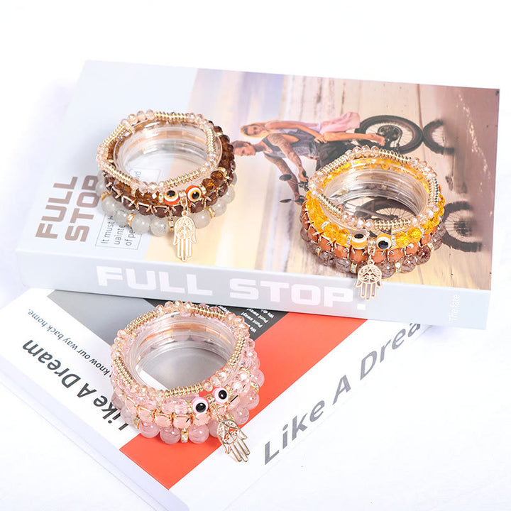 Juego de pulseras de cuentas de cuatro capas con ojo turco y hamsa de Olivenorma 
