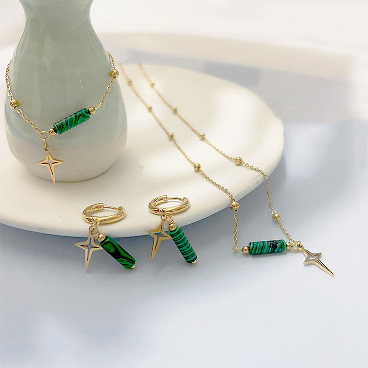 Pendientes, collar y pulsera con colgante de estrella de malaquita natural de Olivenorma