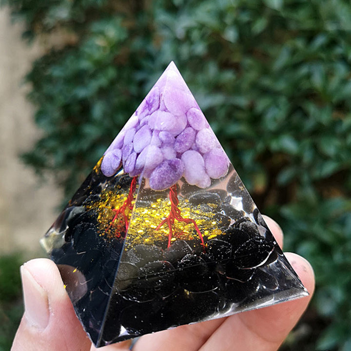Pirámide de orgón del árbol de la vida de obsidiana y jade morado de Olivenorma 
