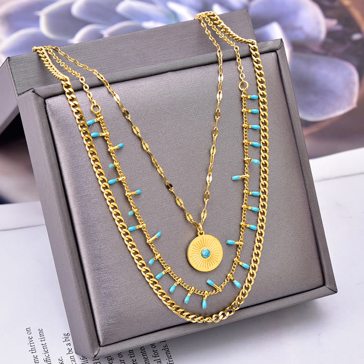 Juego de collar triple con colgante de turquesa natural de 18 quilates de Olivenorma