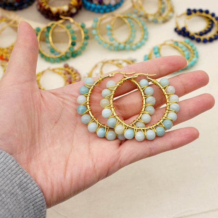 Pendientes de aro grandes con cuentas de cristal natural estilo bohemio de Olivenorma