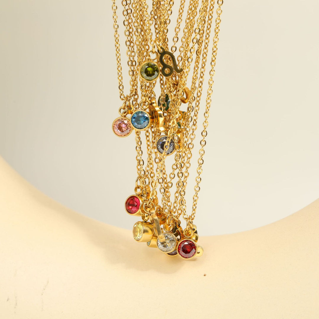 Collar de acero inoxidable con piedra natal y runa del zodíaco de Olivenorma