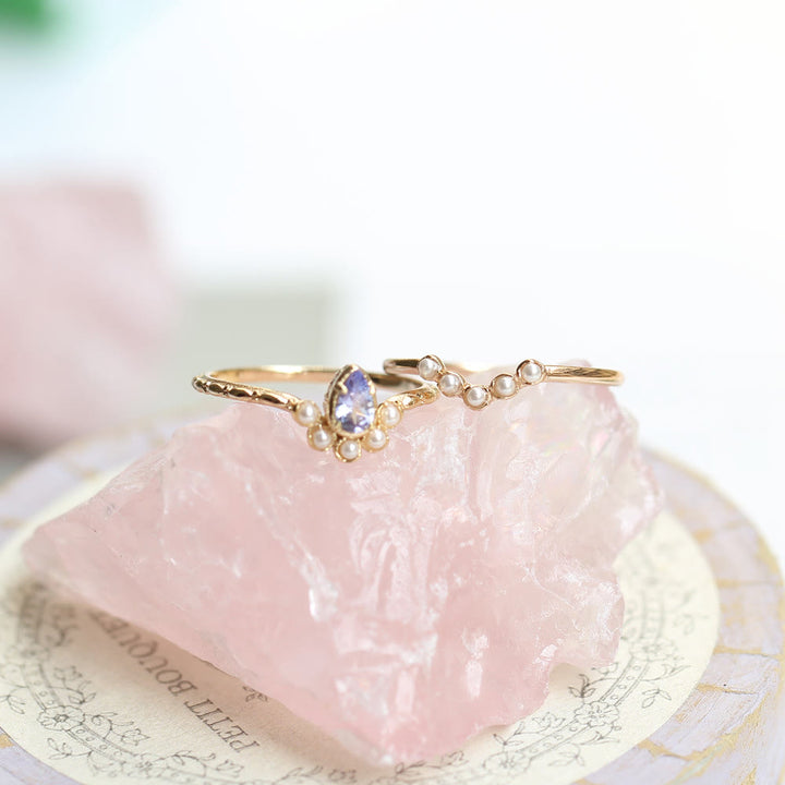 Anillo de doble capa con perla de zafiro y lágrima de Olivenorma S925