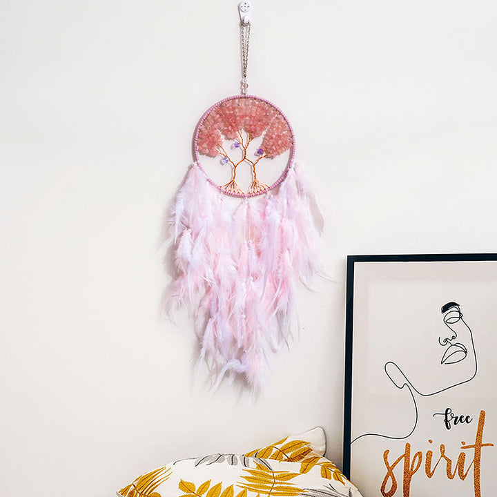 Atrapasueños de plumas rosas con forma de árbol de la vida de cristal de Olivenorma