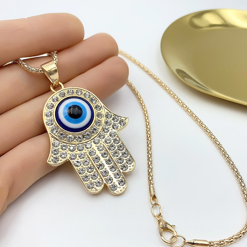 Collar con colgante de cadena tipo suéter con circonita y HAMSA de mal de ojo