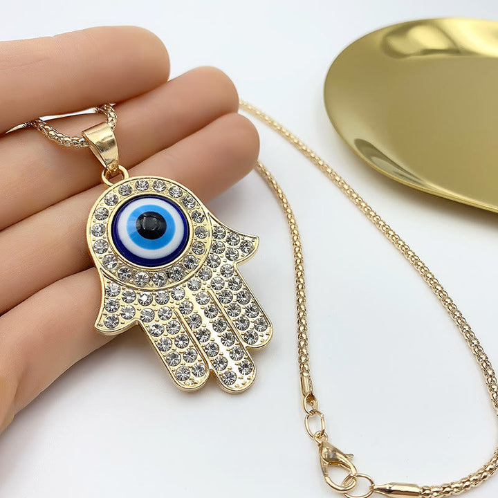 Collar con colgante de cadena tipo suéter con circonita y HAMSA de mal de ojo