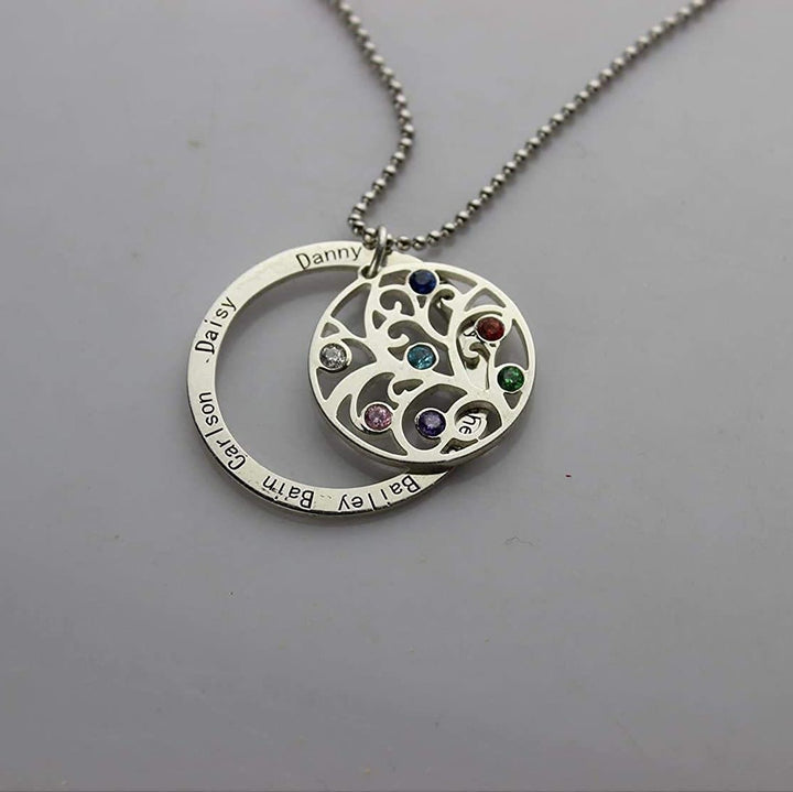 Collar con grabado de nombre y piedra natal del árbol de la vida de Olivenorma
