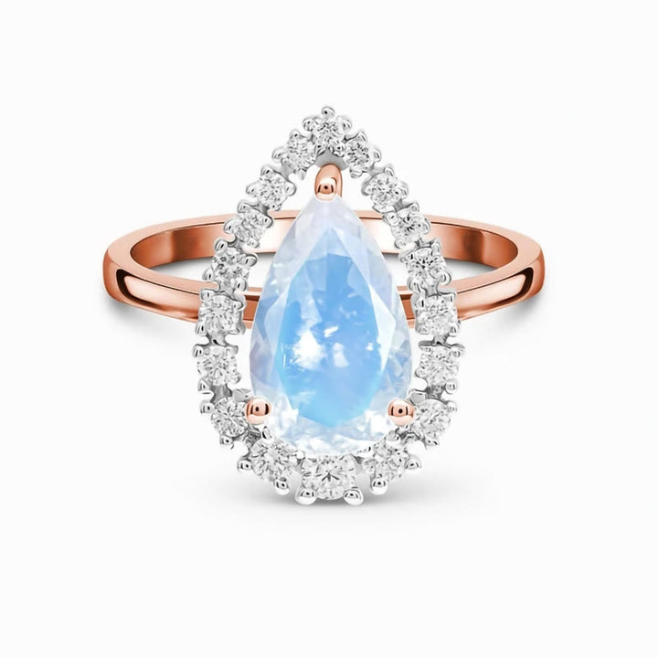 Anillo de oro rosa S925 con circonita blanca y piedra lunar en forma de gota de agua de Olivenorma