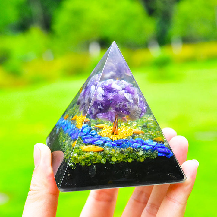 Pirámide de orgón del árbol de la vida de lapislázuli, obsidiana, peridoto y amatista de Olivenorma