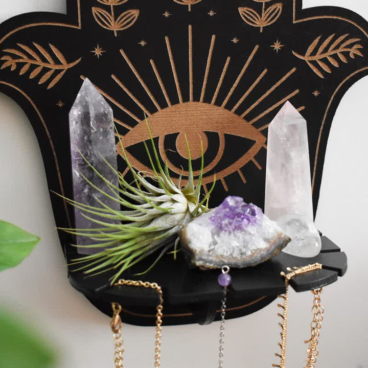 Estante de cristal para altar con sol y luna y mano de Fátima de Olivenorma 