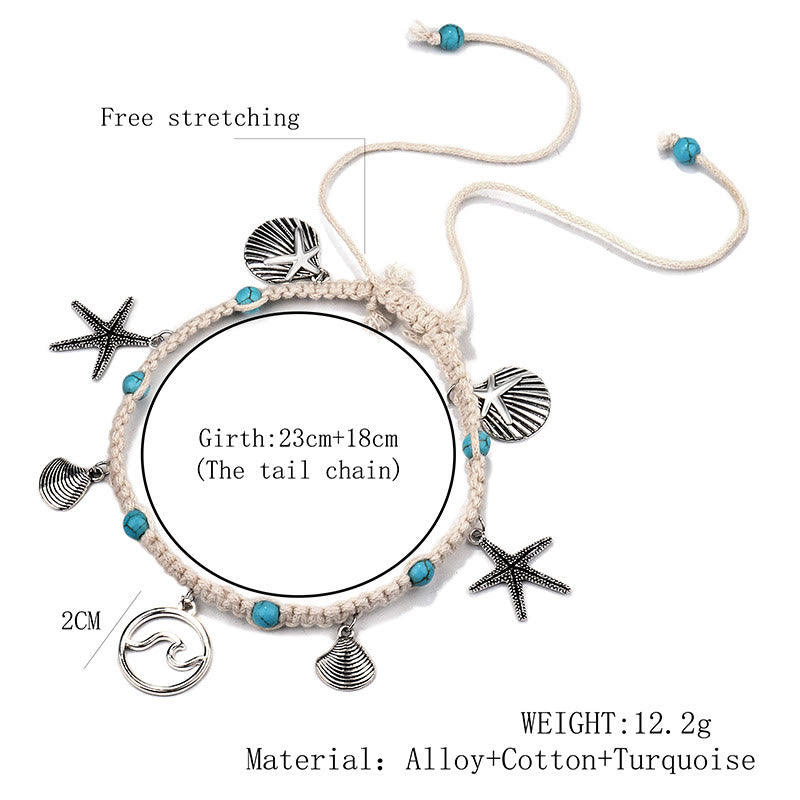 Pulsera tobillera con dije de estrella de mar turquesa y olas de Olivenorma