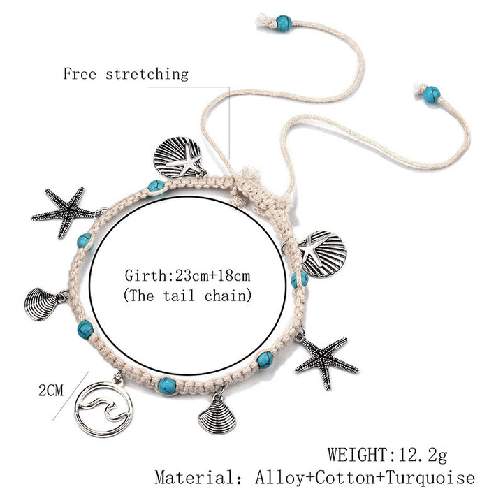 Pulsera tobillera con dije de estrella de mar turquesa y olas de Olivenorma