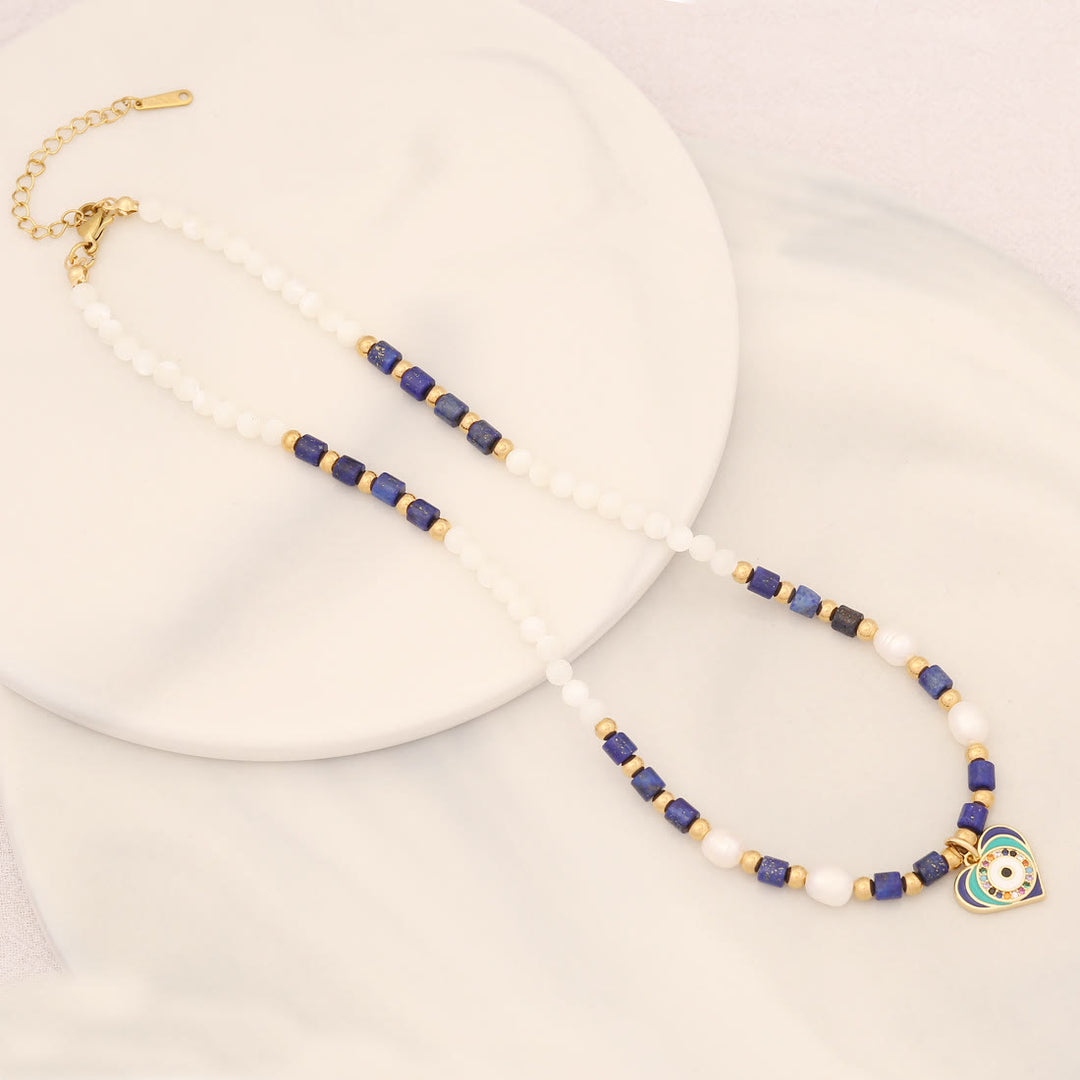 Collar con colgante de ojo malvado con piedra de cristal y perla natural de Olivenorma