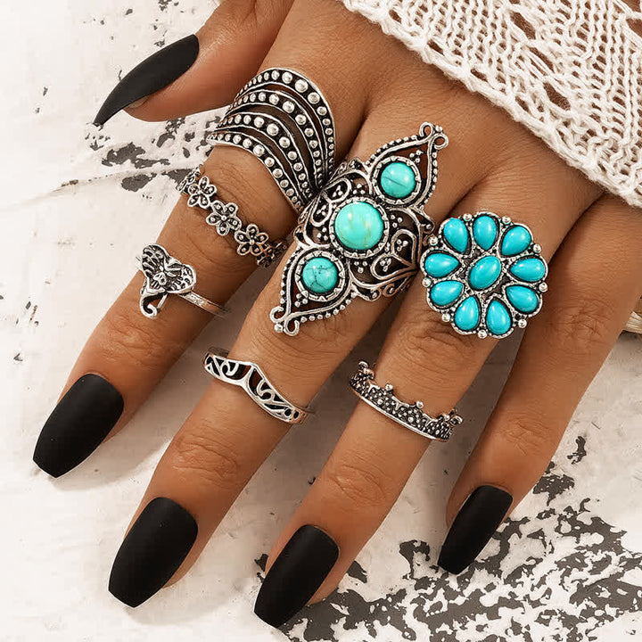 Juego de 7 anillos retro turquesa