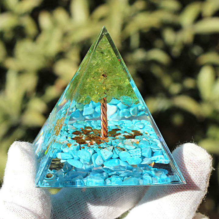 Pirámide de orgón del árbol de la vida de amazonita y peridoto de Olivenorma