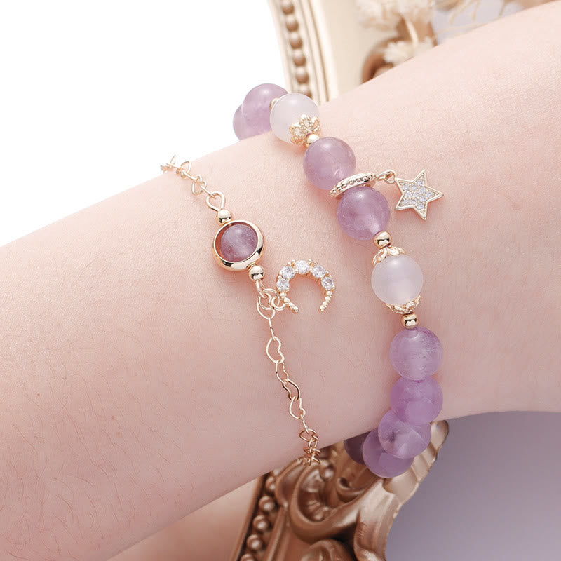 Pulsera de luna y estrella con cuentas de ágata blanca y amatista de Olivenorma 
