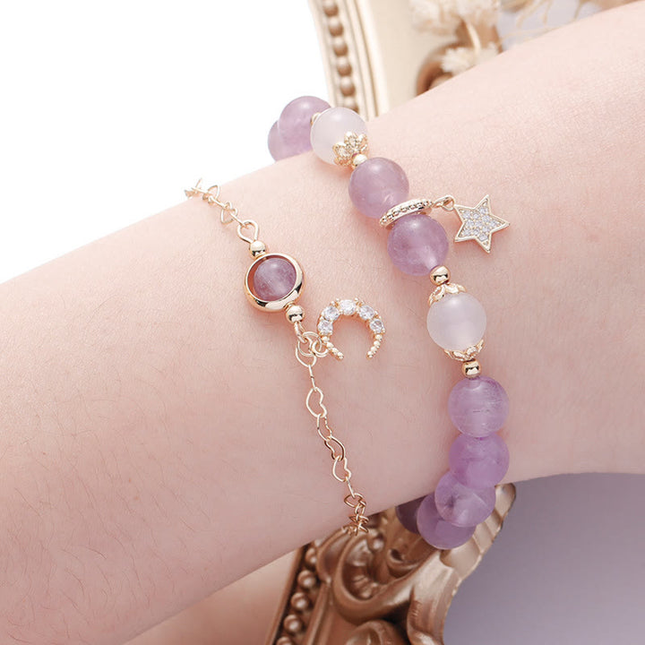 Pulsera de luna y estrella con cuentas de ágata blanca y amatista de Olivenorma 