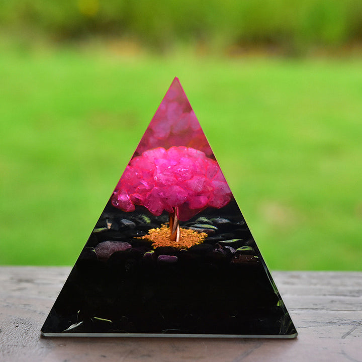 Pirámide de orgón curativo de obsidiana de Olivenorma con cristal rosa 