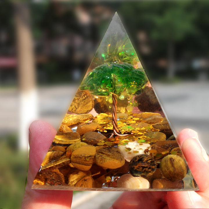 Pirámide orgónica curativa del árbol de la vida con ojo de tigre y peridoto de Olivenorma