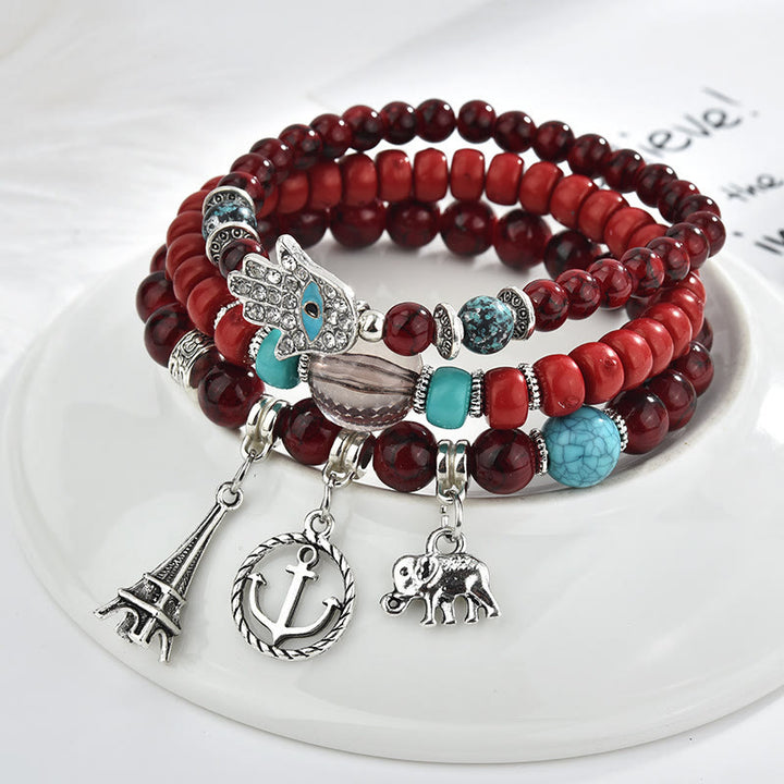 Juego de pulseras de hamsa con ojo malvado y torre de elefante de Olivenorma