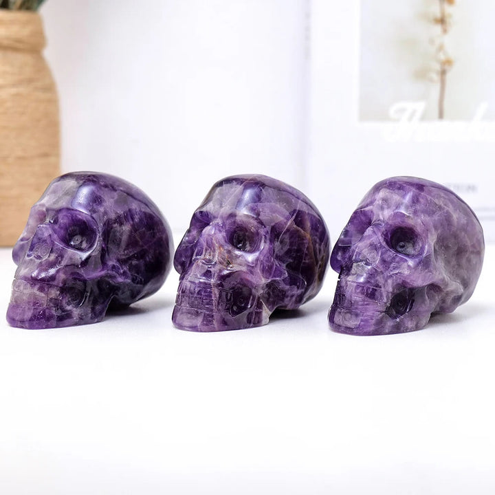 Estatua de calavera de amatista de 3 pulgadas de Olivenorma, piedra preciosa curativa decorativa 