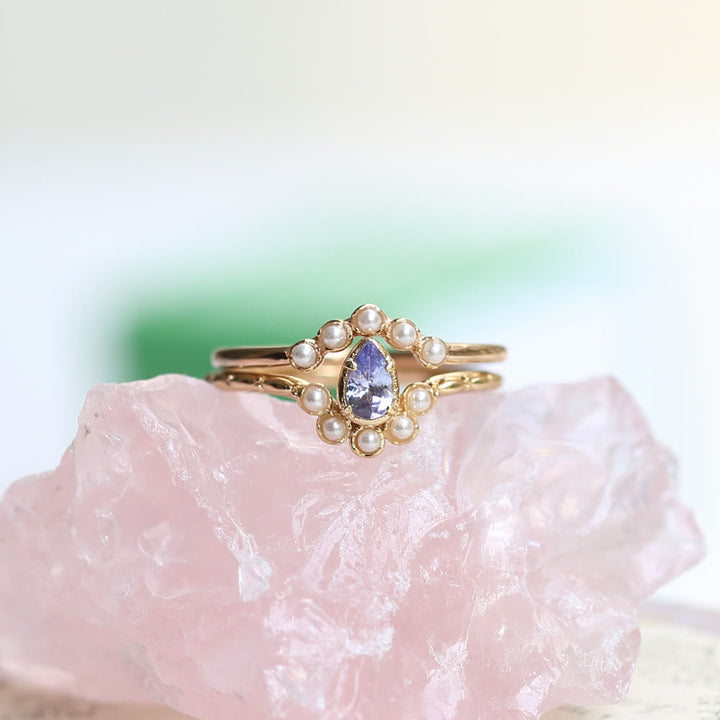 Anillo de doble capa con perla de zafiro y lágrima de Olivenorma S925