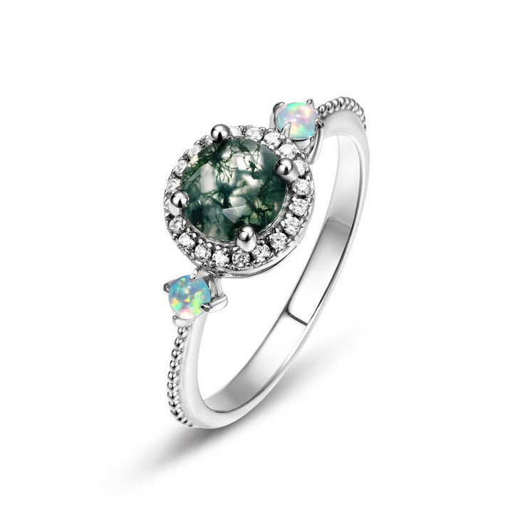 Anillo de lujo con ágata musgosa redonda y ópalo claro de Olivenorma 
