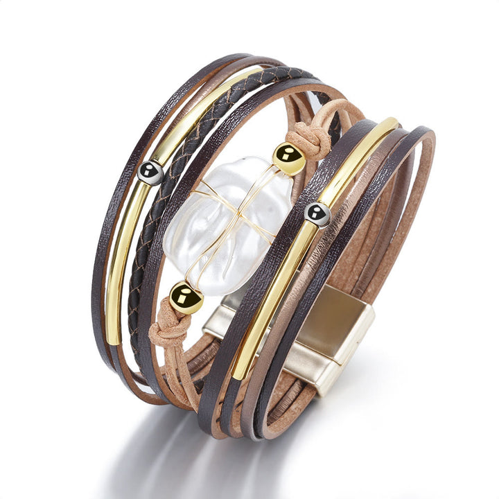 Pulsera de cuero trenzado con perlas naturales de agua dulce de Olivenorma 