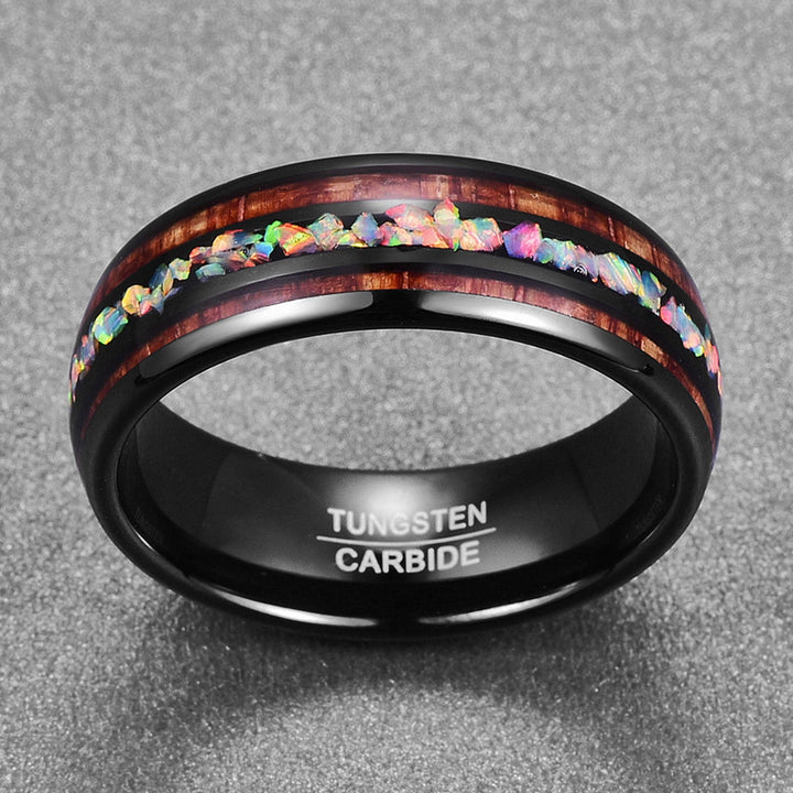 Anillo de carburo de tungsteno negro de 8 mm con labradorita y madera de koa de Olivenorma