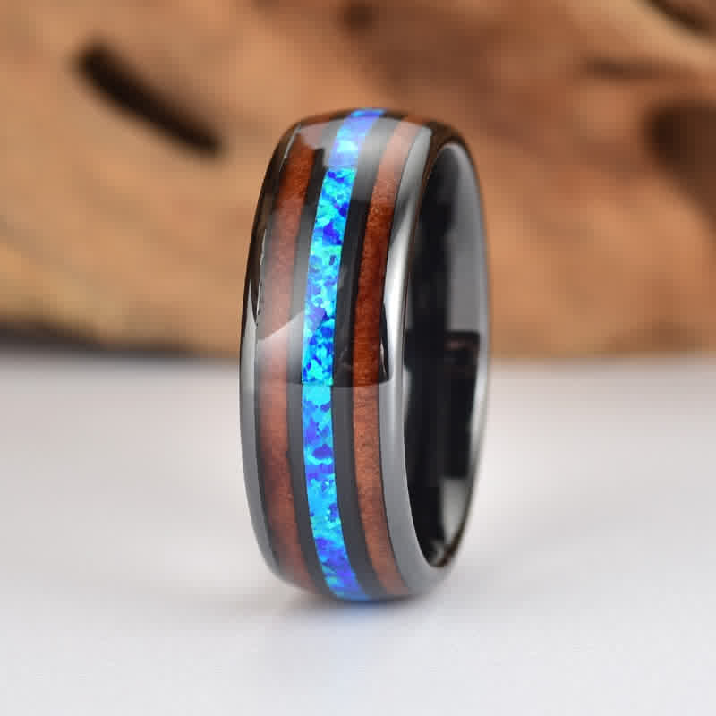 Anillo de carburo de tungsteno con concha de abulón y madera de koa de Olivenorma 