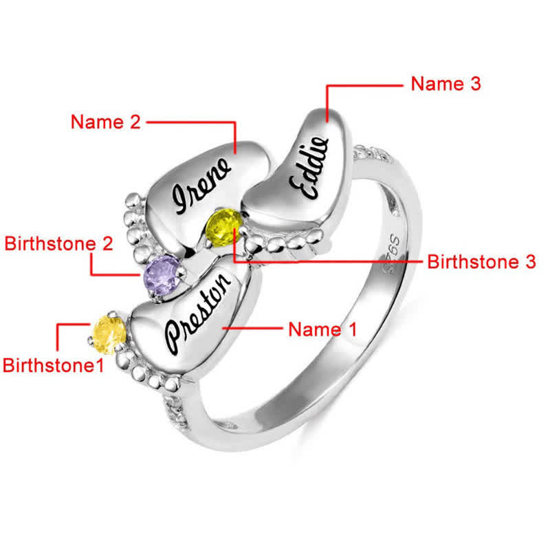 Anillo con piedras de nacimiento grabadas con pies de bebé de Olivenorma Creative
