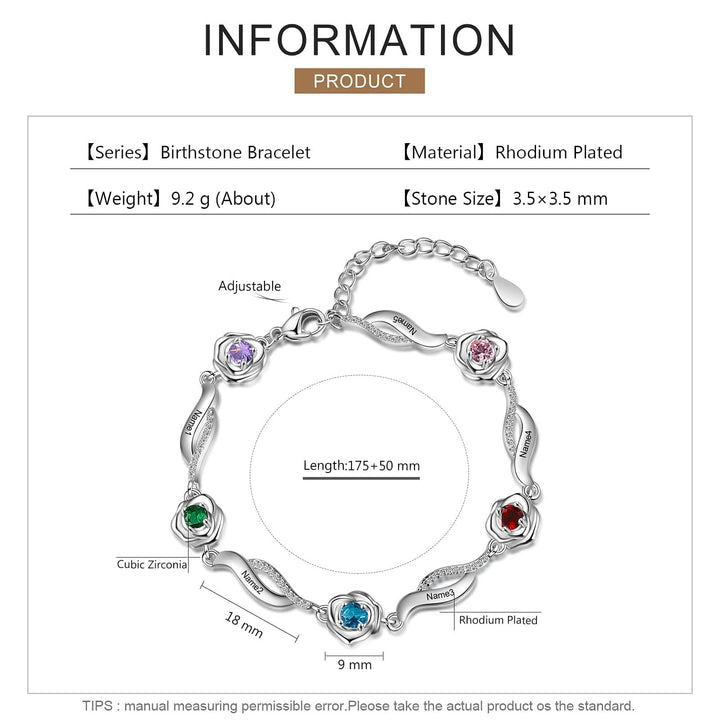 Pulsera con dije de cadena con flor de rosa grabada y piedra natal de Olivenorma 