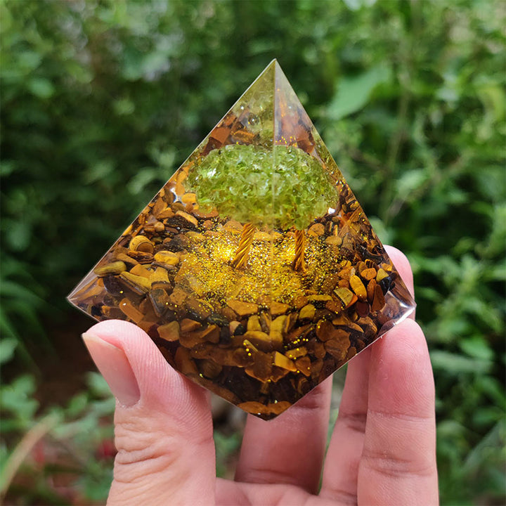 Pirámide de orgón del árbol de la vida de peridoto y ojo de tigre de Olivenorma
