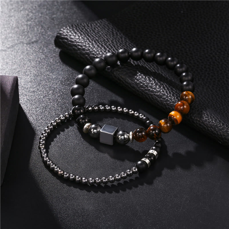 Juego de pulseras elásticas con forma de cubo negro y ojo de tigre esmerilado de Olivenorma