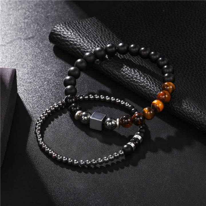 Juego de pulseras elásticas con forma de cubo negro y ojo de tigre esmerilado de Olivenorma