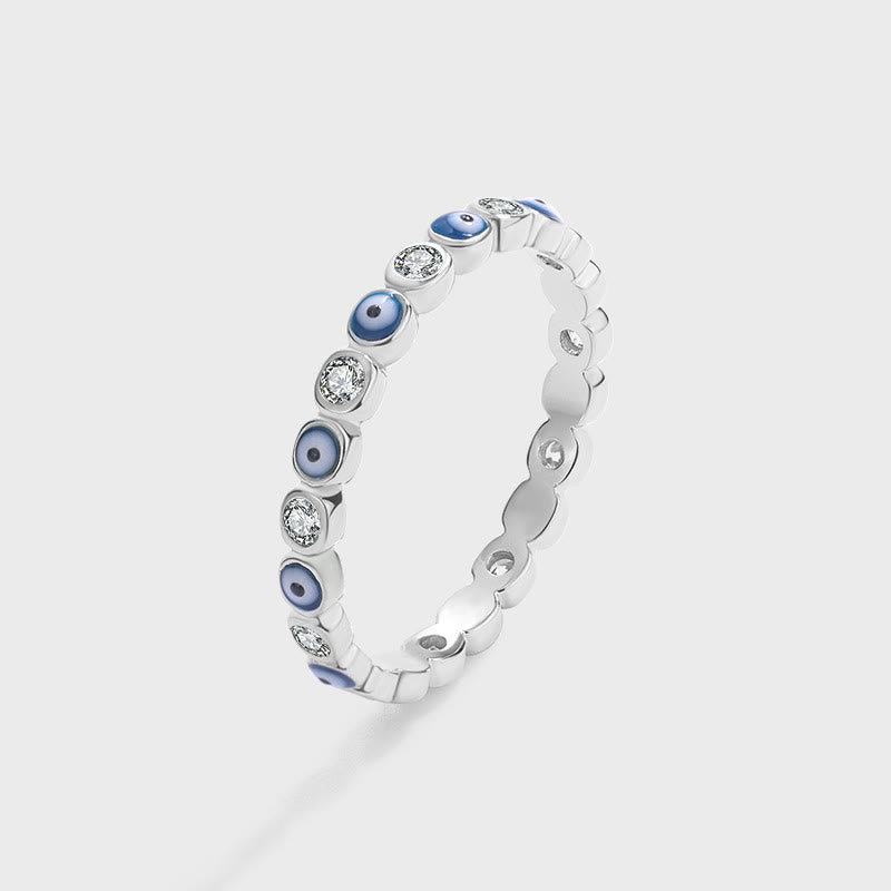 Anillo de plata de ley S925 con circonitas redondas y ojo malvado blanco de Olivenorma