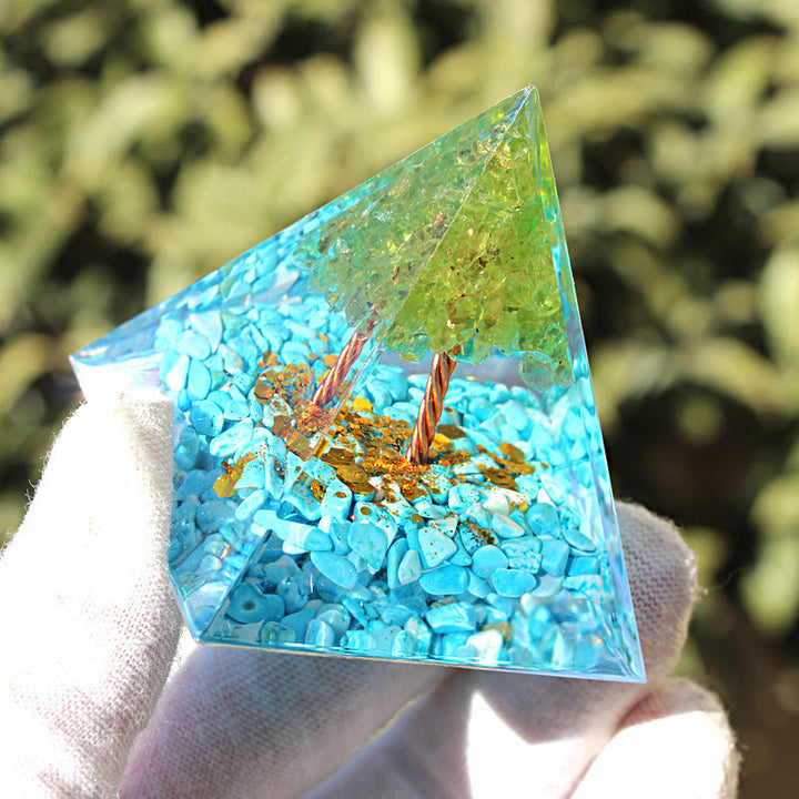 Pirámide de orgón del árbol de la vida de amazonita y peridoto de Olivenorma