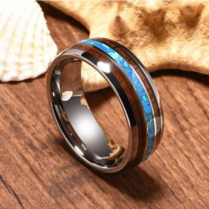 Anillo de carburo de tungsteno con concha de abulón y madera de koa de Olivenorma 