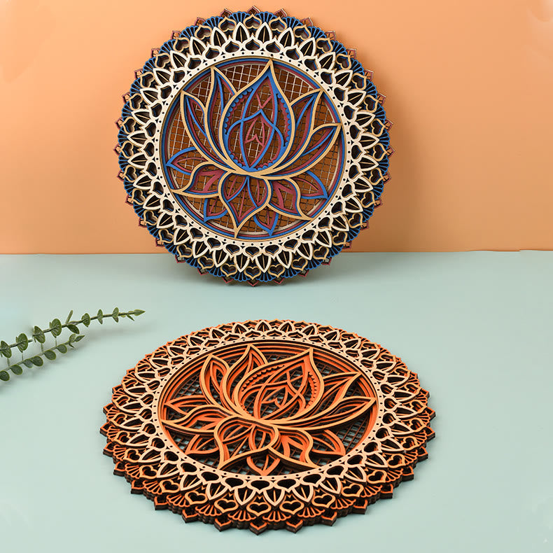 Decoración de pared con grabado 3D de madera con mandala de loto de Olivenorma