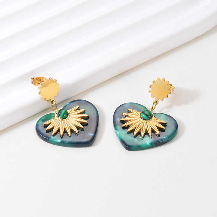 Pendientes de acero inoxidable dorados con ágata musgosa de Olivenorma en forma de corazón 