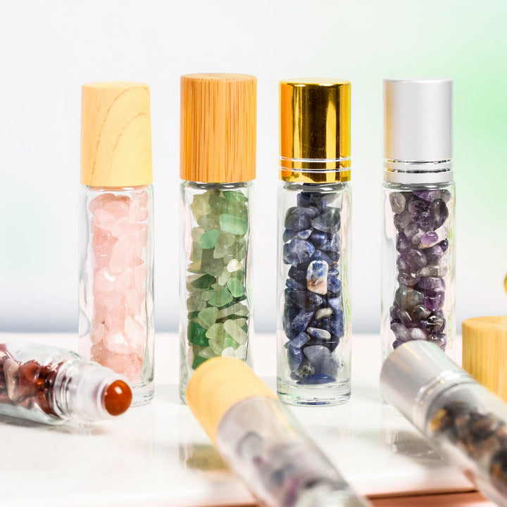 Botella de aceite esencial con roll-on de cristal de Olivenorma, decoración con piedras preciosas