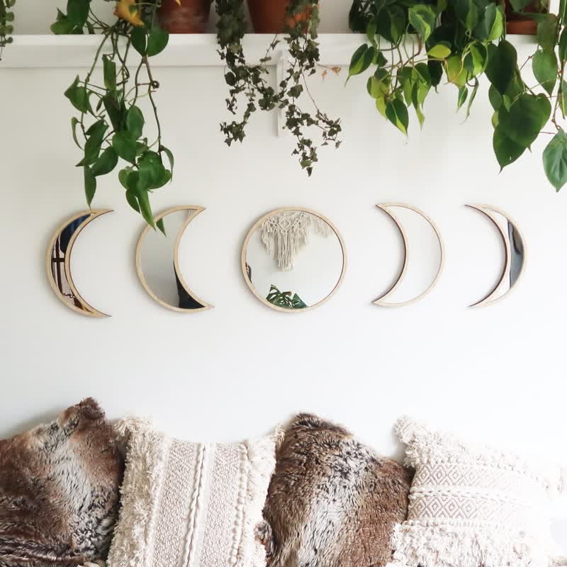 Espejos de madera originales con fases lunares para decoración de pared