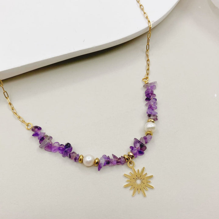 Collar con colgante de estrella de 16 puntas con perla de amatista irregular de Olivenorma
