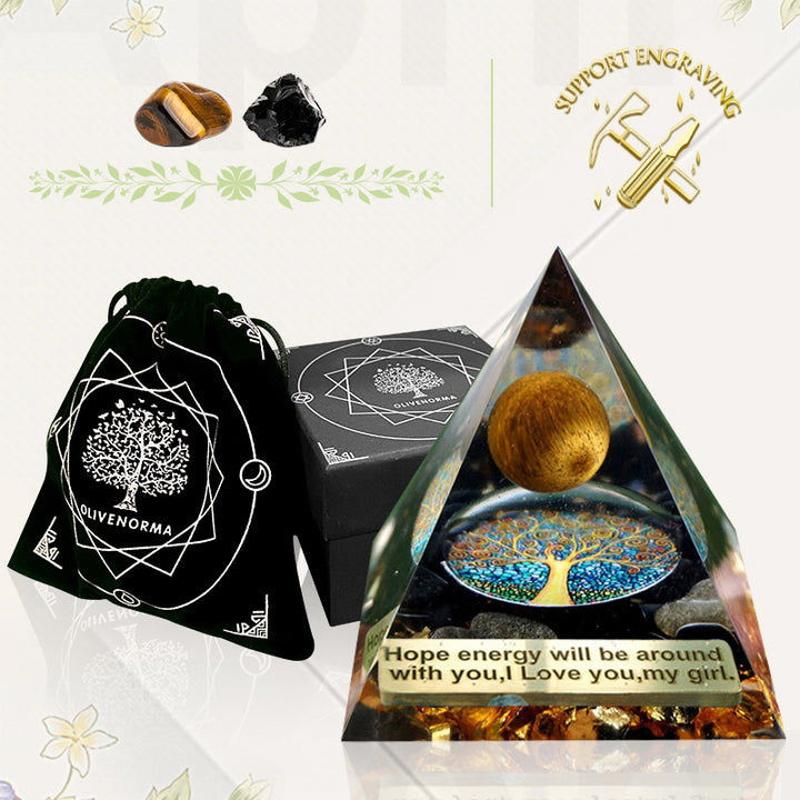 Esfera de ojo de tigre de Olivenorma y pirámide de orgón protectora de obsidiana 
